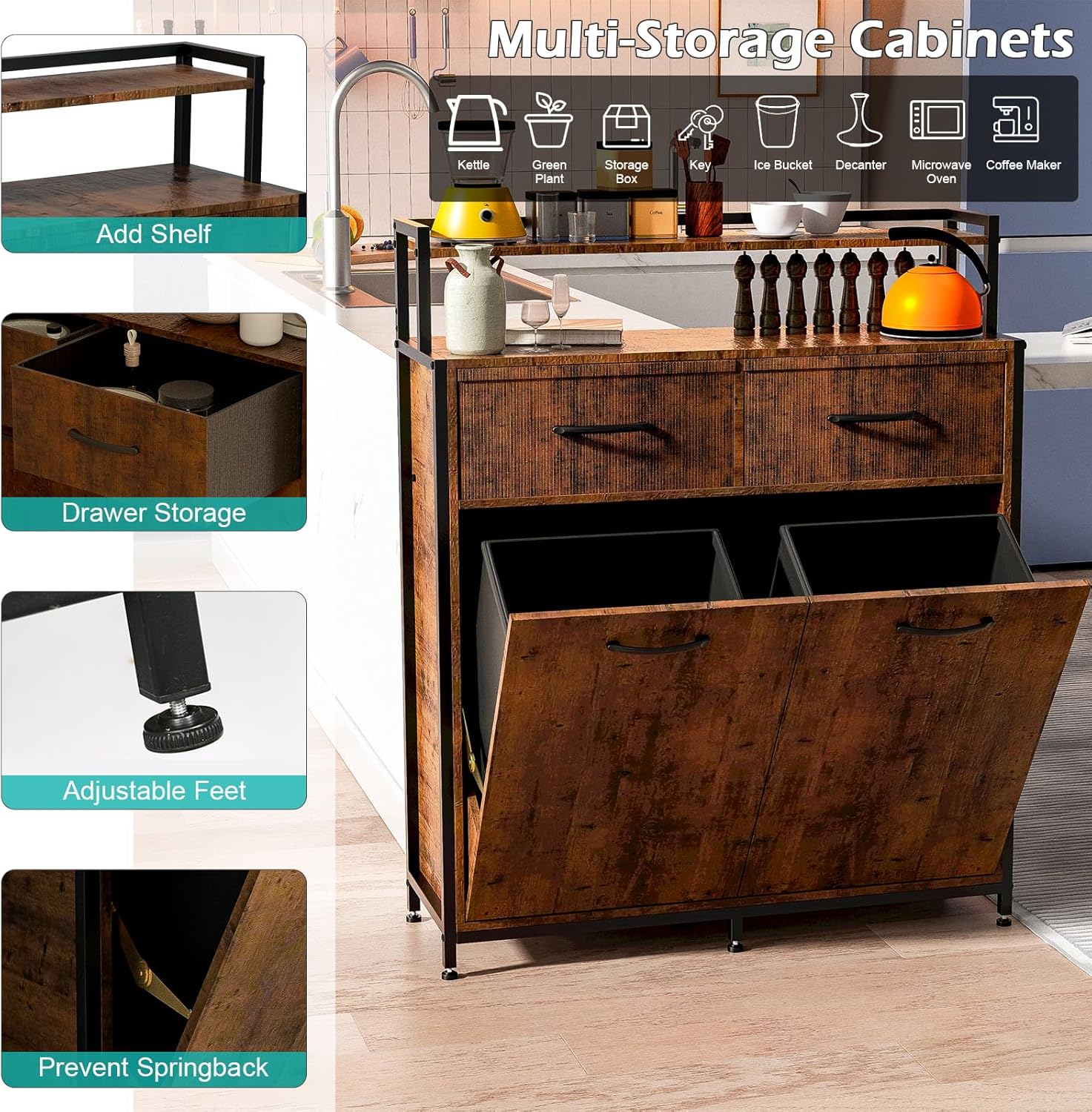 Tilt Out Trash Cabinet with 2 Drawers and Shelf, 10 Gallon P533