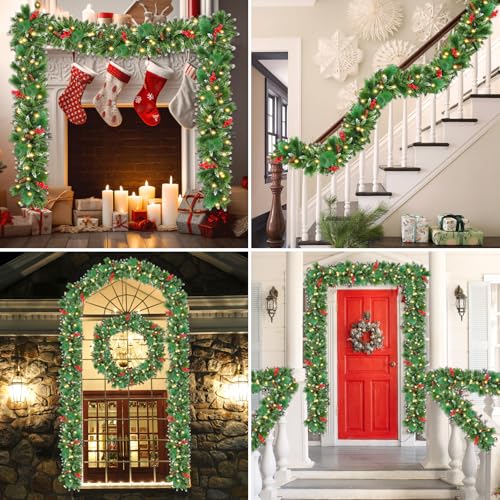 Christmas Garland with Lights, 50 LEDs, 9FT Battery Operated for Indoor Outdoor Decor Y569307