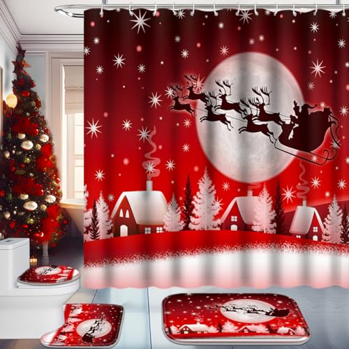 Christmas Bathroom Set with Shower Curtain, Rugs, and Hooks F236