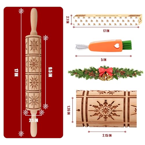 17" Wooden Rolling Pin for Baking with Christmas Embossed Designs, 3mm Deep Cookie Molds, Includes Cleaning Brush L8431