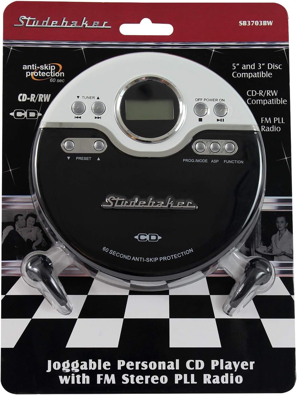 Retro Joggable Personal CD Player with FM Radio - Black/White X4213