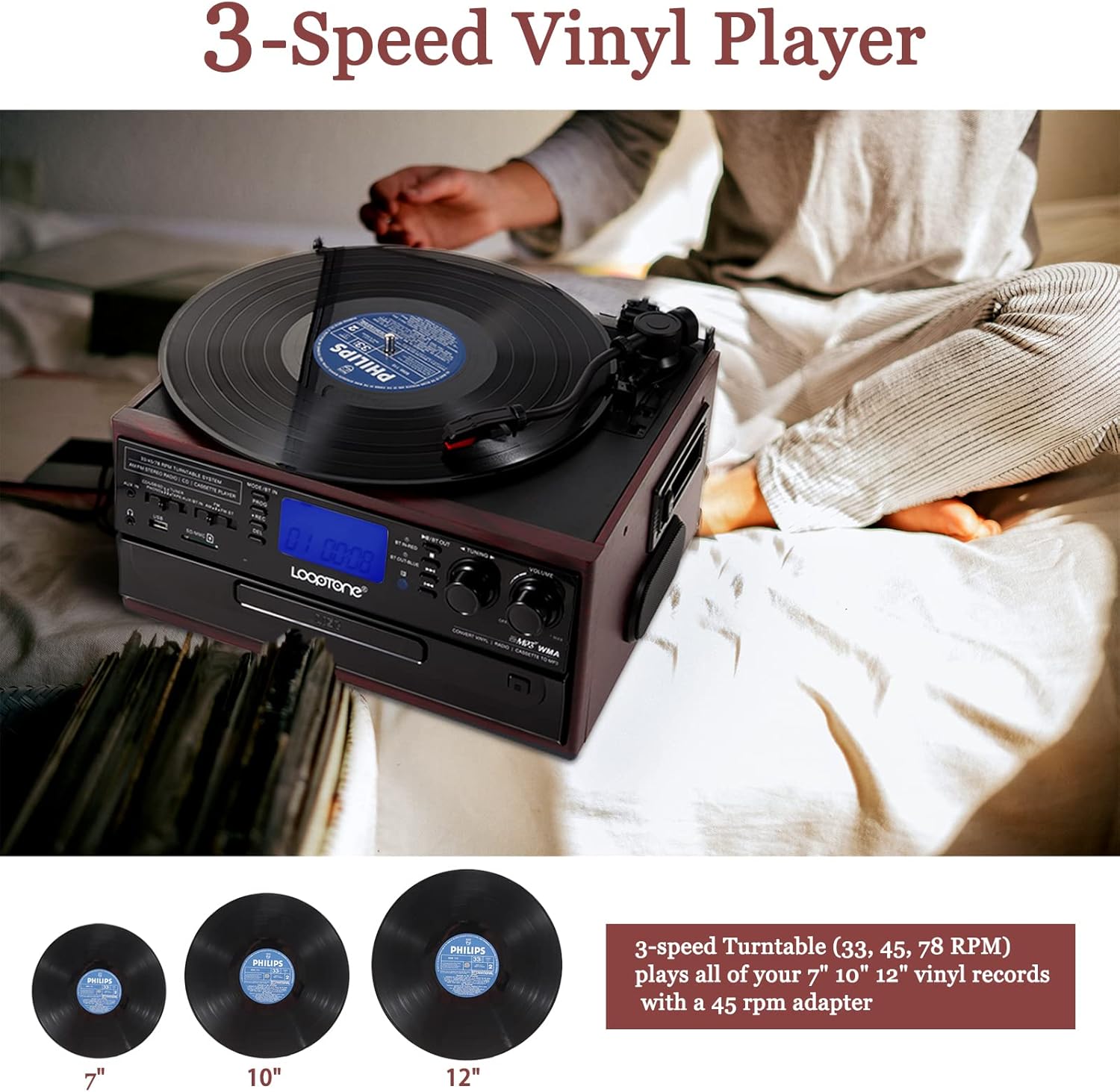 10 in 1 Bluetooth Record Player with Vinyl Turntable, CD, Cassette, AM/FM Radio N5434