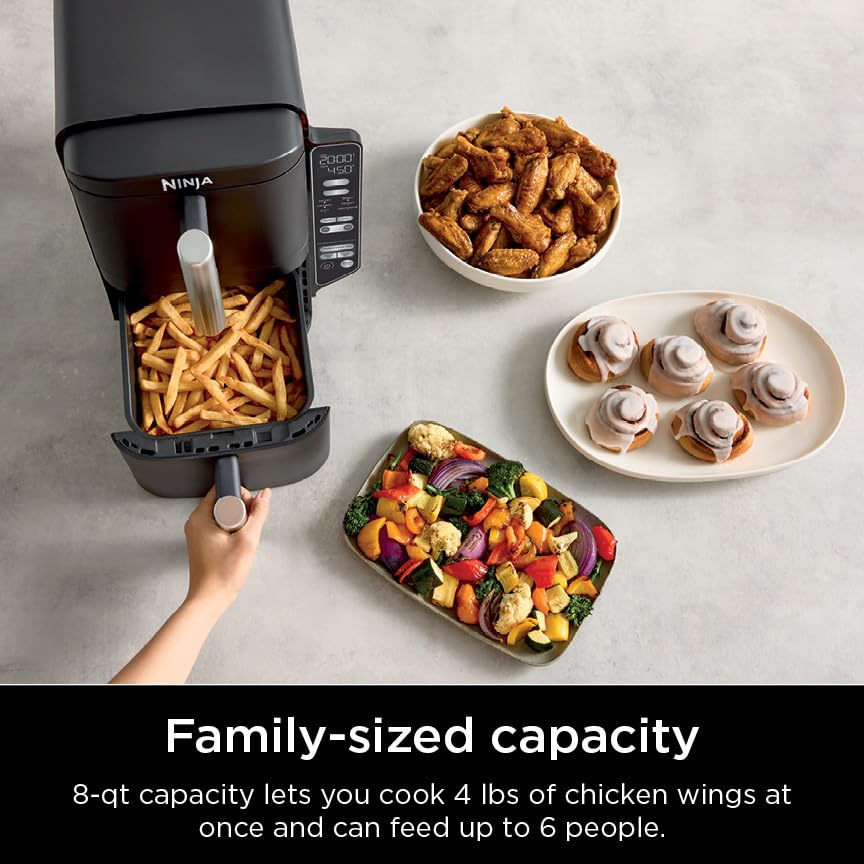 Air Fryer, 8 QT DoubleStack 2-Basket, Space Saving Design, 6-in-1, Roast & Bake, Dishwasher Safe Parts, Black N43591