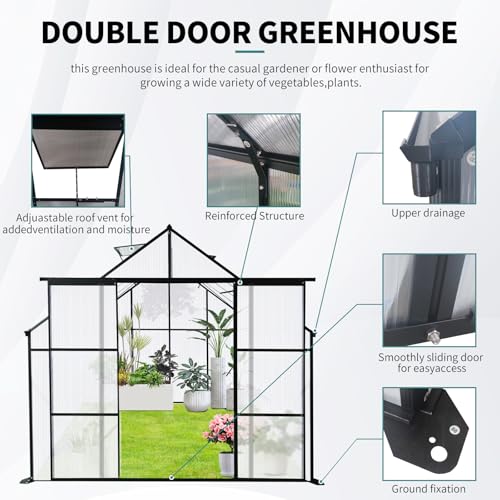 8x10FT Walk-in Greenhouse with Double Sliding Doors, Polycarbonate Panels, Aluminum Frame H7634
