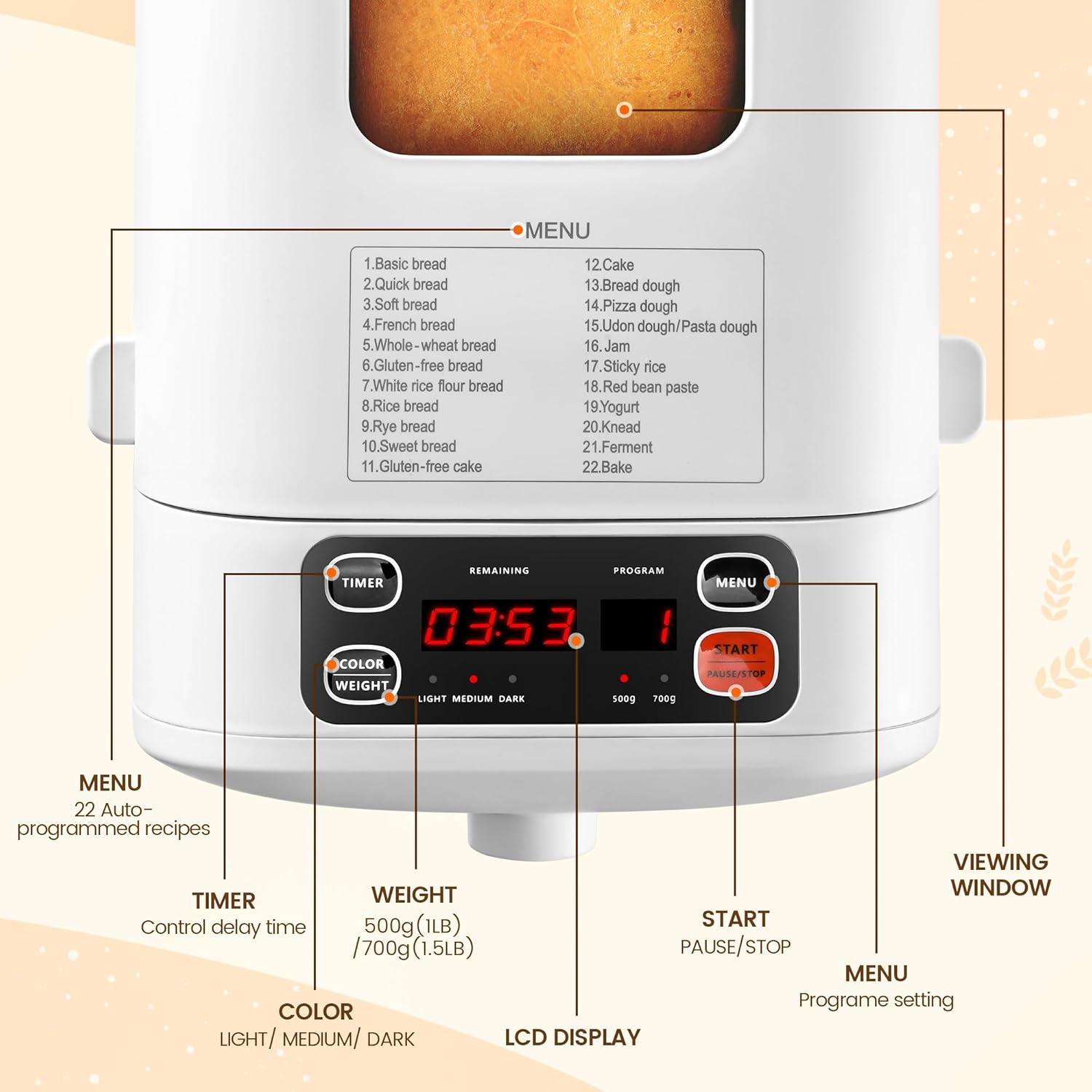 Compact Automatic Bread Maker Machine, 1.5LB Programmable, Non-stick Pan O1157