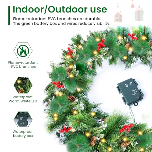 Christmas Garland with Lights, 50 LEDs, 9FT Battery Operated for Indoor Outdoor Decor Y569307
