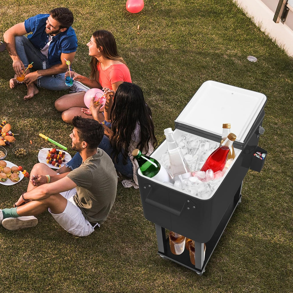 80 Quart Rolling Ice Chest Cooler Cart with Shelf and Bottle Opener L58934