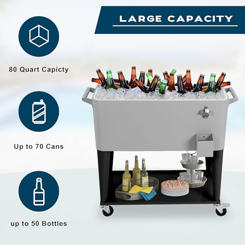 80 Quart Rolling Cooler Cart with Wheels, Portable Ice Chest with Bottle Opener & Shelf O92642