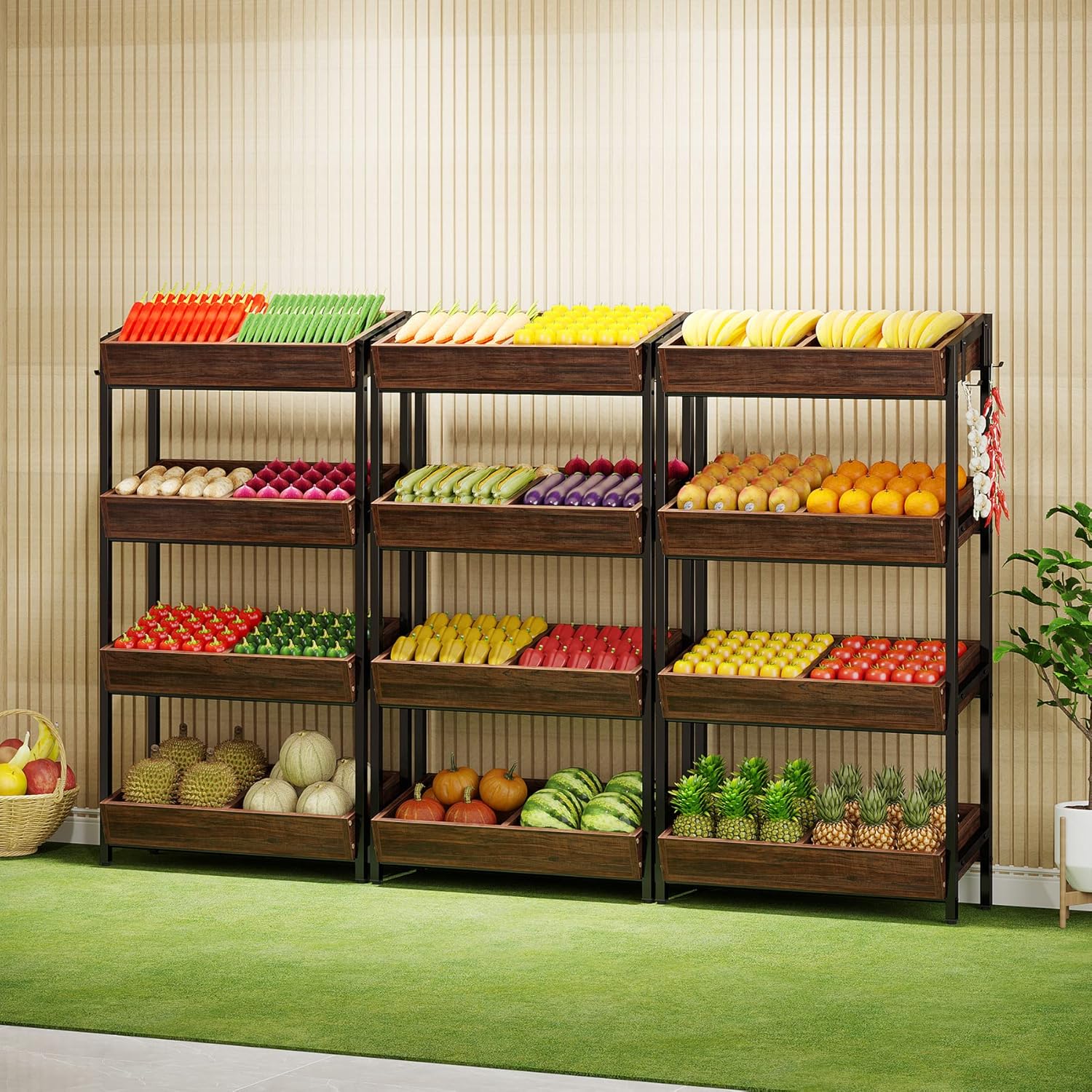 4-Tier Wood Fruit Vegetable Storage Basket Stand, Versatile Utility Shelf Rack C629574