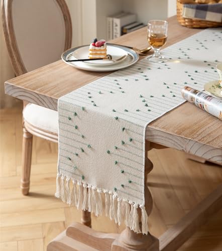 Christmas Table Runner 13 x 90 Inch Cotton Woven with Tassels Red and Beige B398787