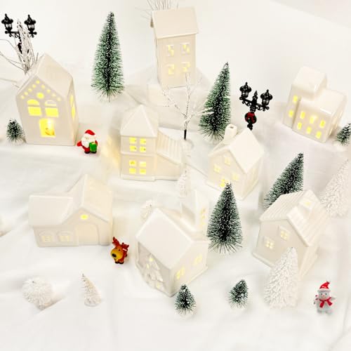LED Christmas Village Set with 8 Ceramic Houses and 17 Trees Q91350