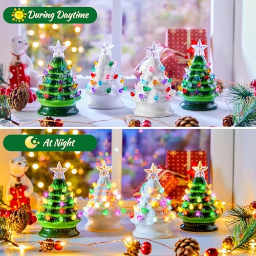 5 Inch Mini Ceramic Christmas Tree Set - 4 Pack Pre-lit Tabletop with Multicolored LED Lights Y881548