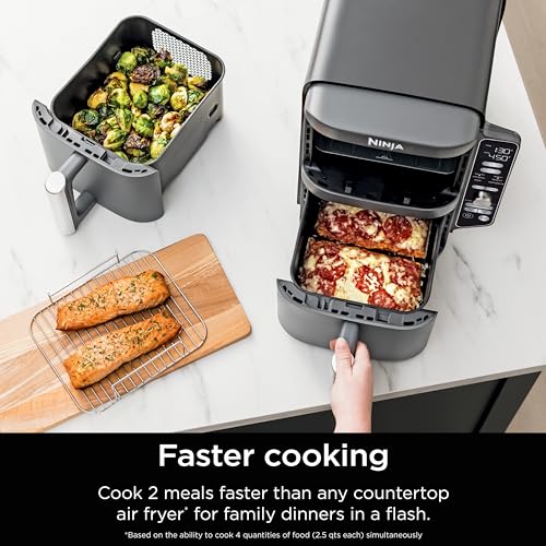 Air Fryer, 8 QT DoubleStack 2-Basket, Space Saving Design, 6-in-1, Roast & Bake, Dishwasher Safe Parts, Black N43591