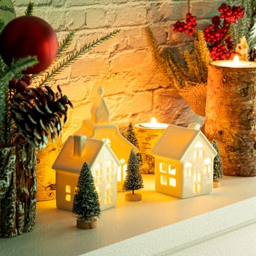 7 Pcs Christmas Miniature Porcelain Village Sets Tabletop Figurine LED House Decorations E5252