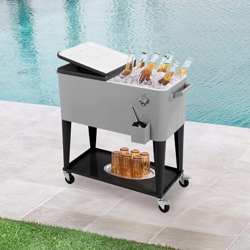 80 Quart Rolling Cooler Cart with Wheels, Portable Ice Chest with Bottle Opener & Shelf O92642