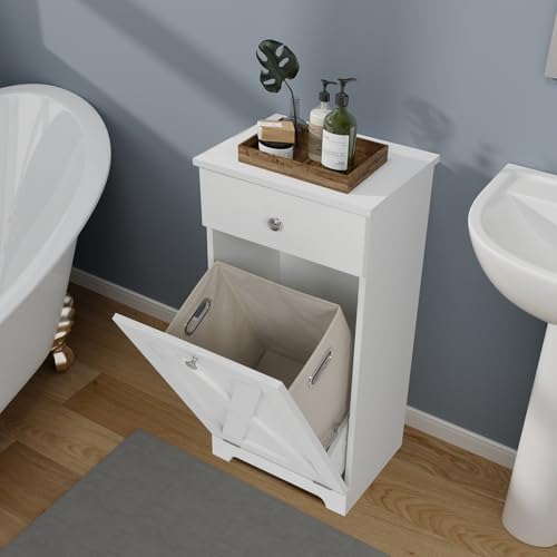 Tilt Out Laundry Hamper Cabinet with Drawer, White O15193