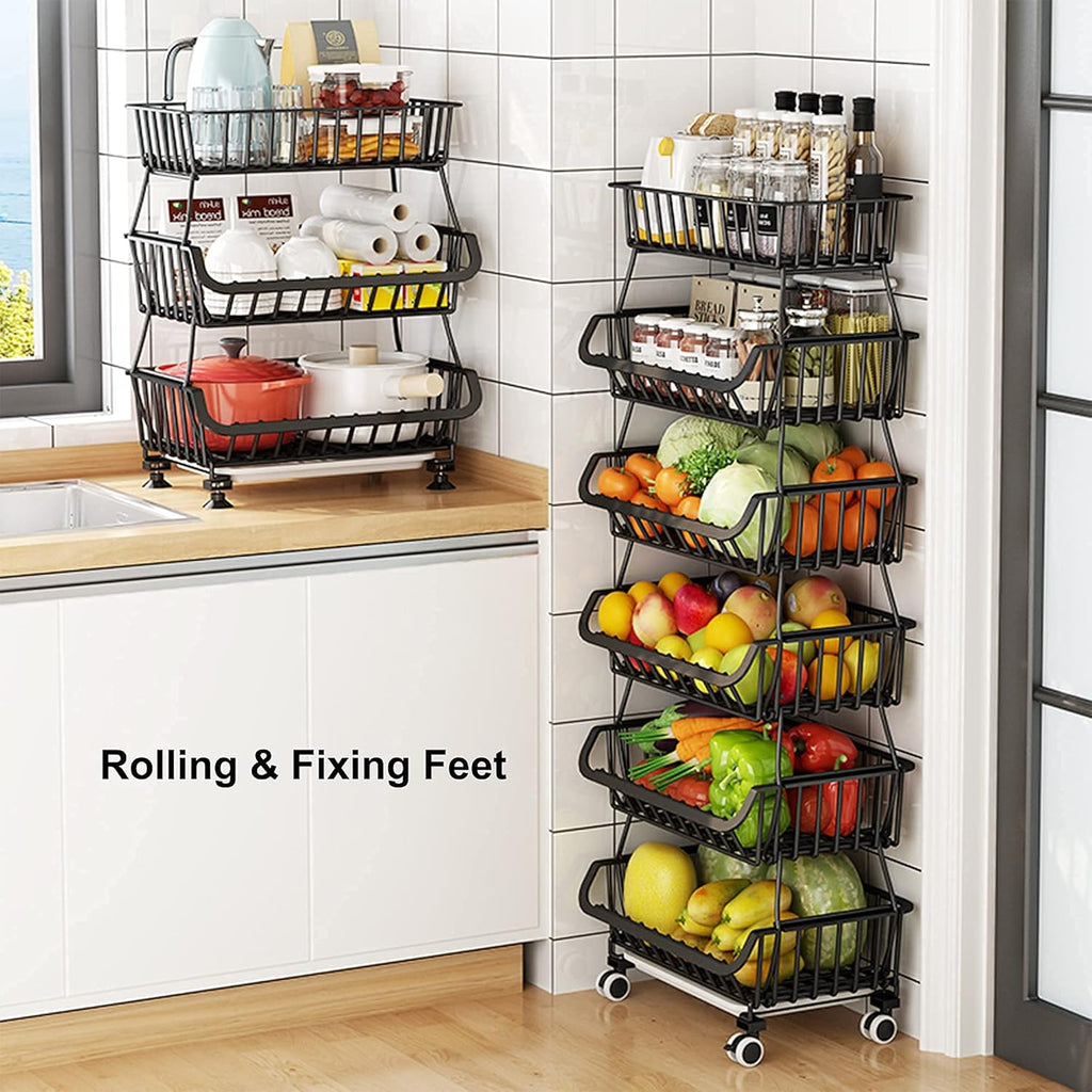 3 Tier Fruit Basket Stand with Wheels, Metal Storage Cart for Kitchen Pantry E464