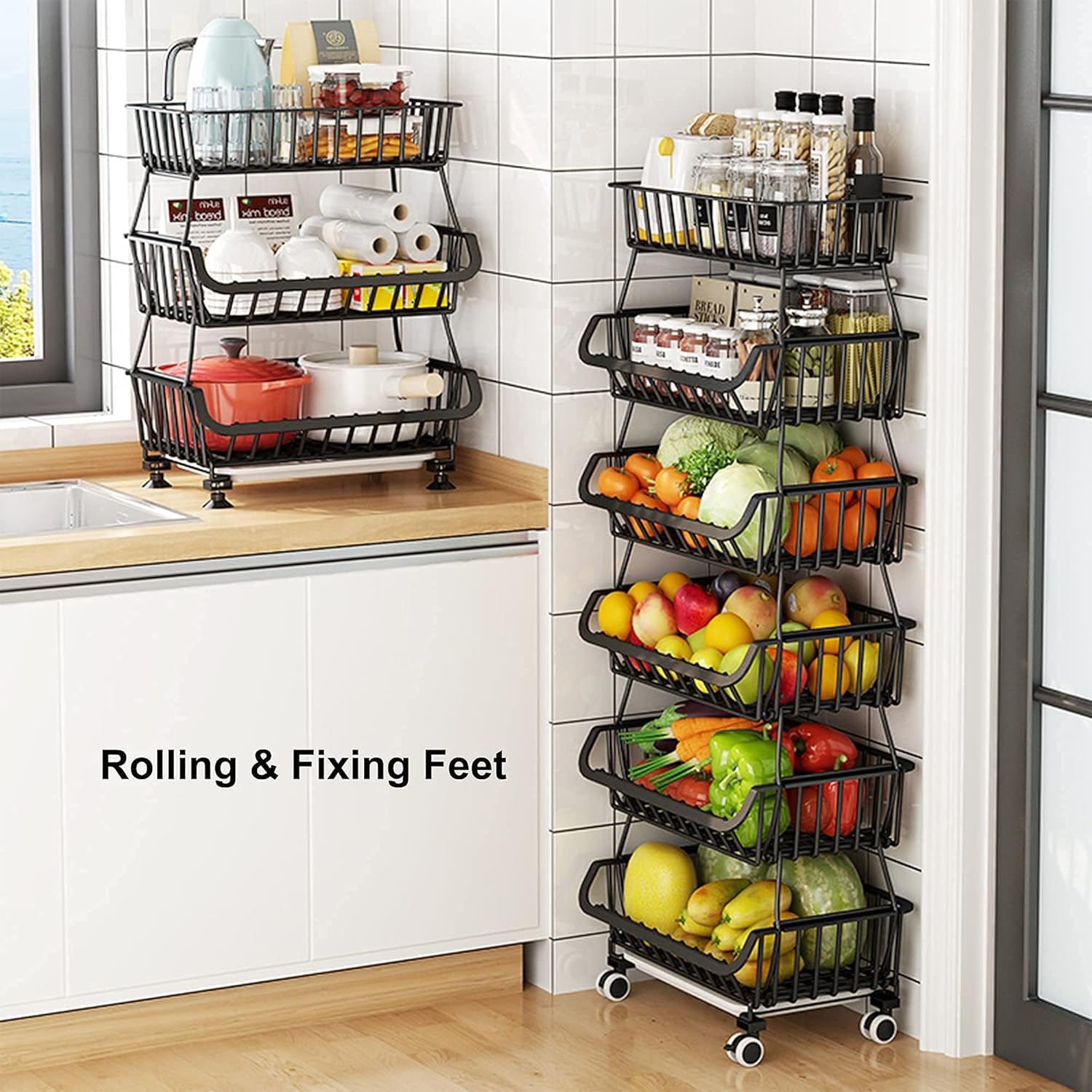 3 Tier Fruit Basket Stand with Wheels, Metal Storage Cart for Kitchen Pantry E464
