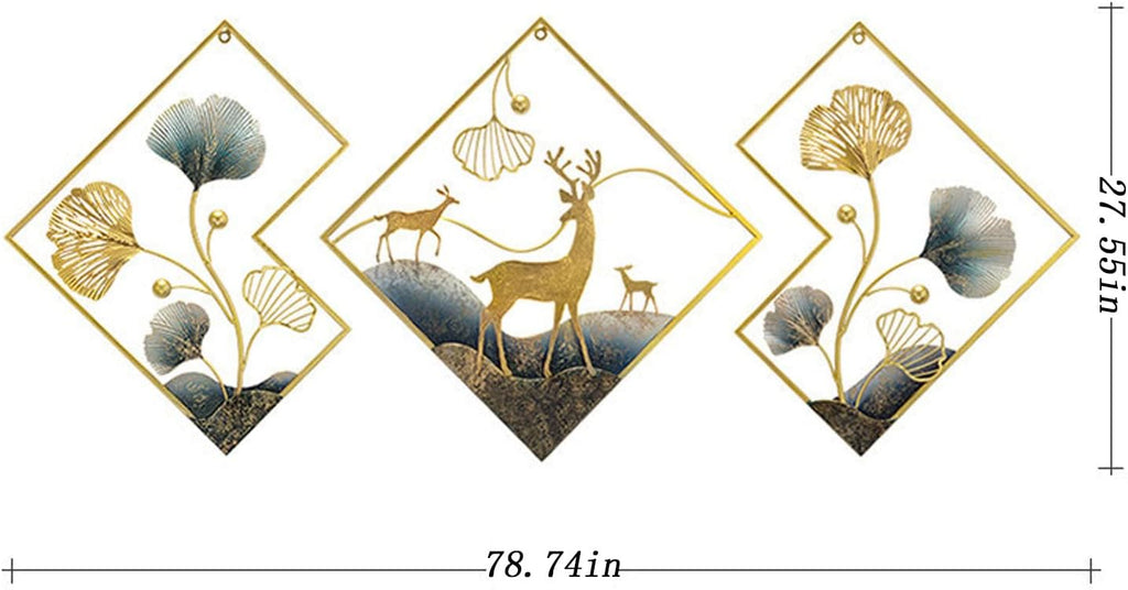 Metal Wall Art Gold Deer 3 Piece Large 3D Ginkgo Leaf Decor X307765