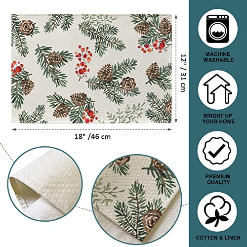 Winter Pine Cone Needle Branch Berry Table Runner, Watercolor Botanical Tabletop Scarf, Christmas Farmhouse Holiday Dining Decoration O823579