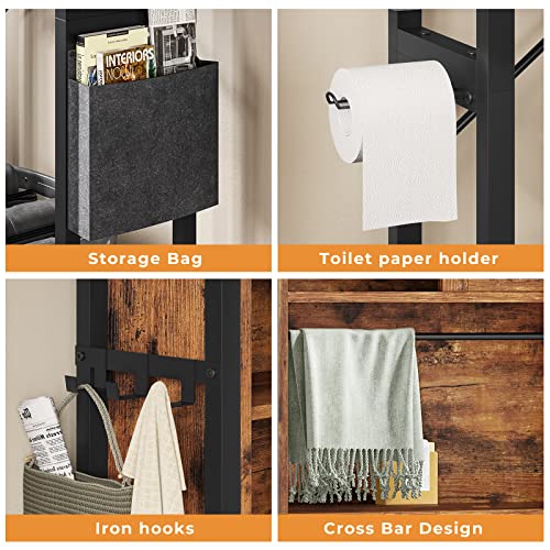 Over The Toilet Storage Cabinet, 4-Tier Bathroom Shelves with Storage Bag and Hooks, Vintage White I358