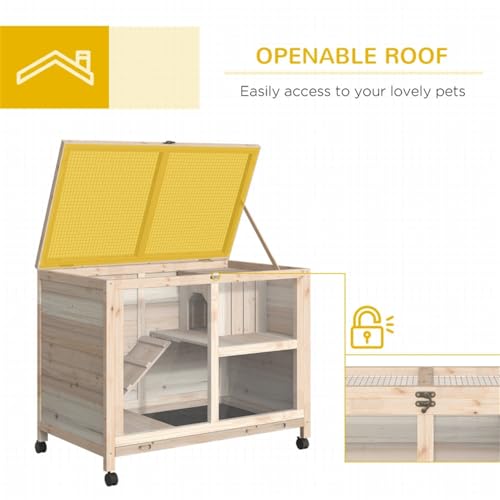 Wooden Rabbit Hutch with Tray, Wheels, Ramp and Openable Roof T9678