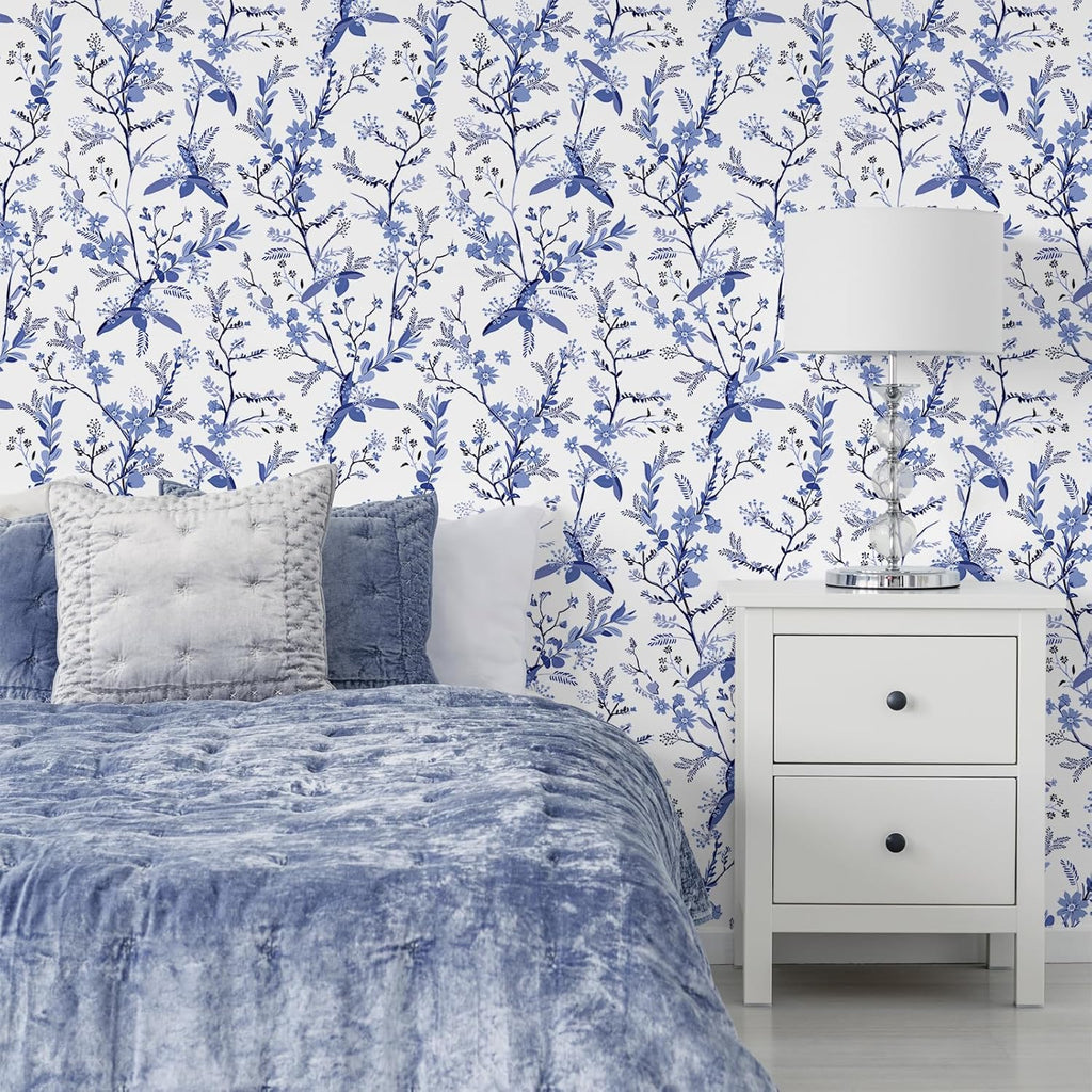 Blue Botanical Floral Peel and Stick Wallpaper for Bedroom Walls Z603