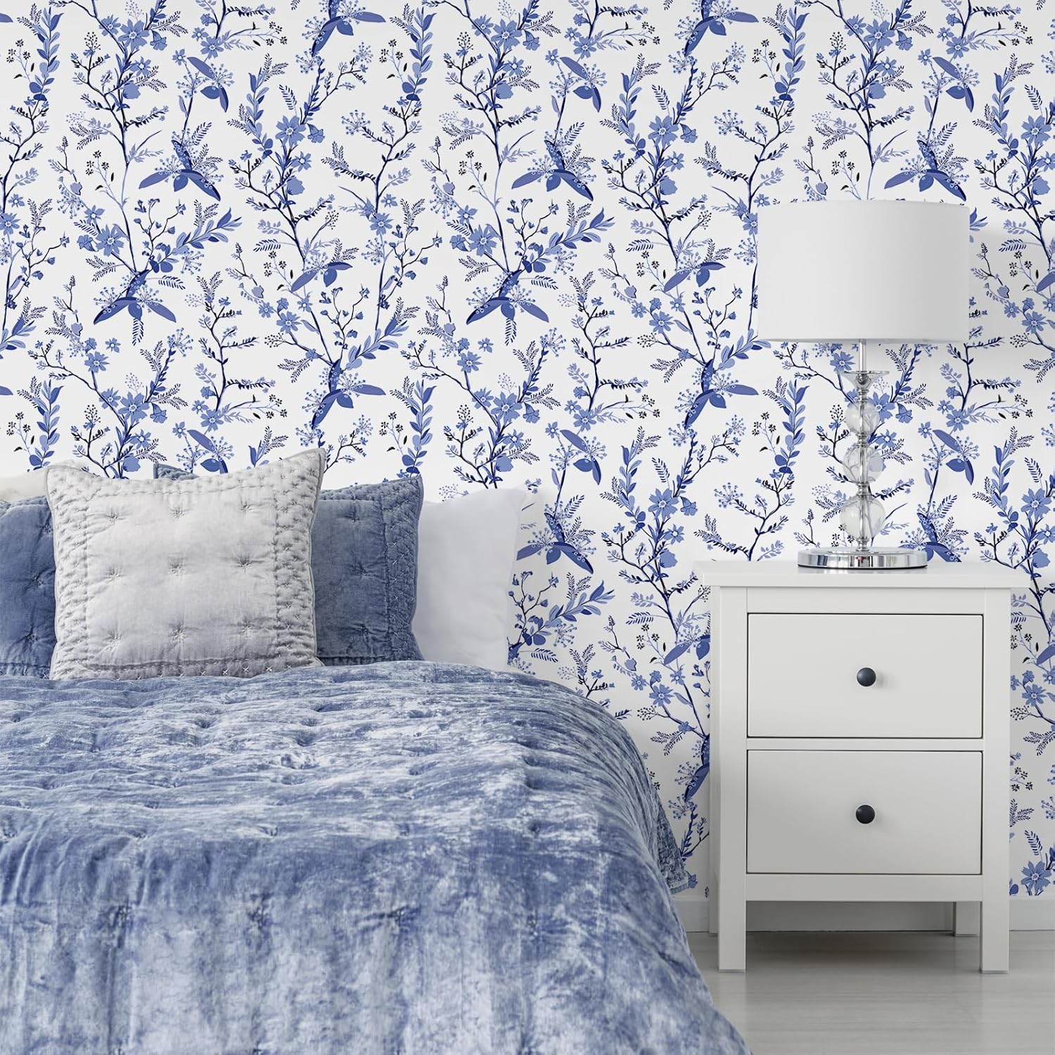 Blue Botanical Floral Peel and Stick Wallpaper for Bedroom Walls Z603