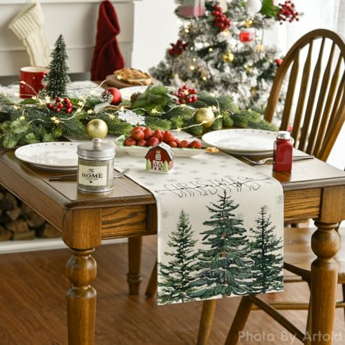 Beige Pine Tree Snowflake Christmas Table Runner, Winter Holiday Kitchen Dining Decoration, 13 x 72 Inch B27382