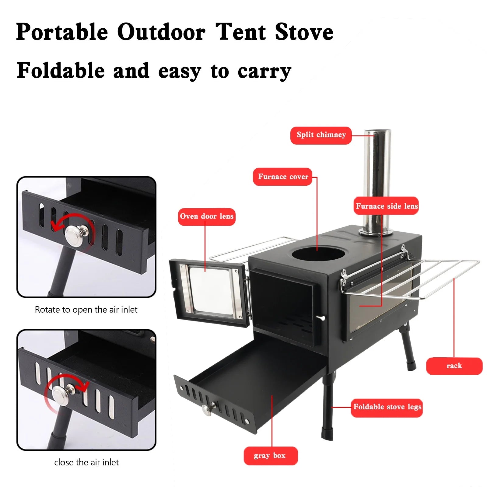 Camping Tent Stove with Window and Chimney Pipe, Portable Wood Burning Stove R987592
