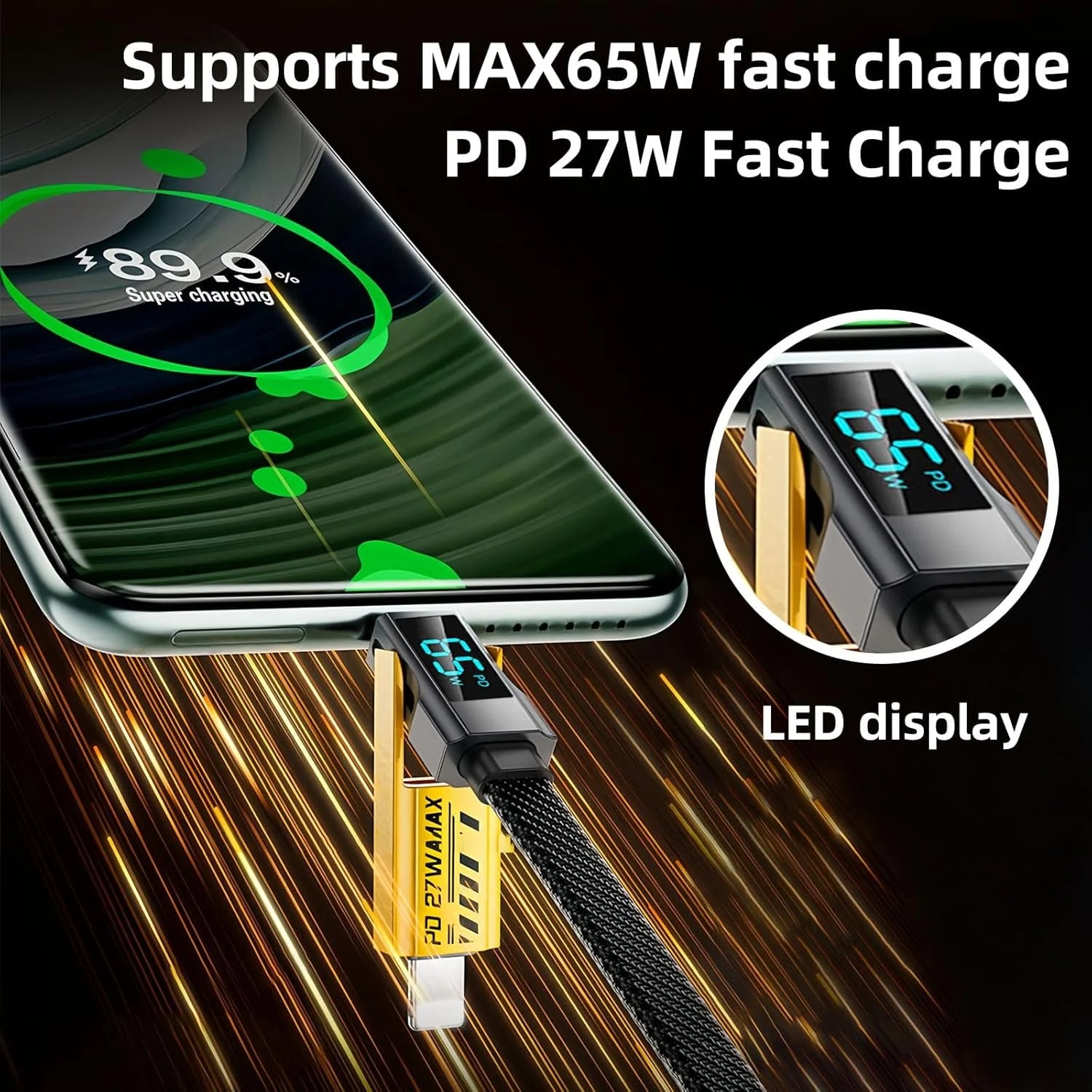 USB 65W 4-in-1 fast charging cable 6.6FT with LED display T472808