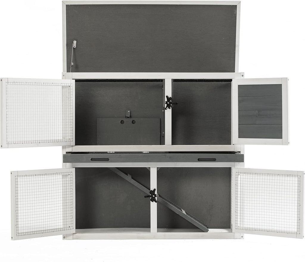 Wooden Two-Floor Rabbit Hutch Outdoor with Ramp and Removable Tray T19092