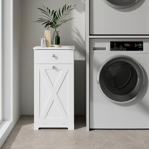 Tilt Out Laundry Hamper Cabinet with Drawer, White O15193