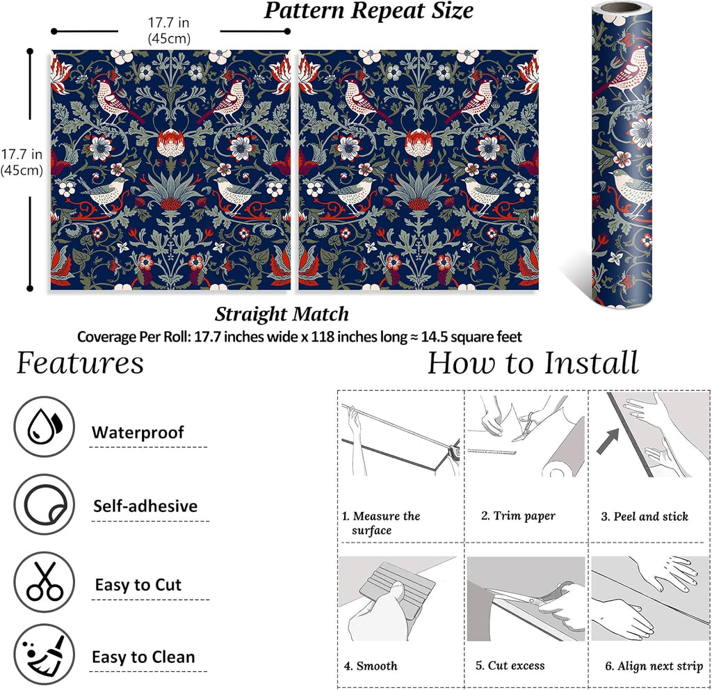 Vintage Birds Berries Floral Peel and Stick Wallpaper Navy Blue G62412