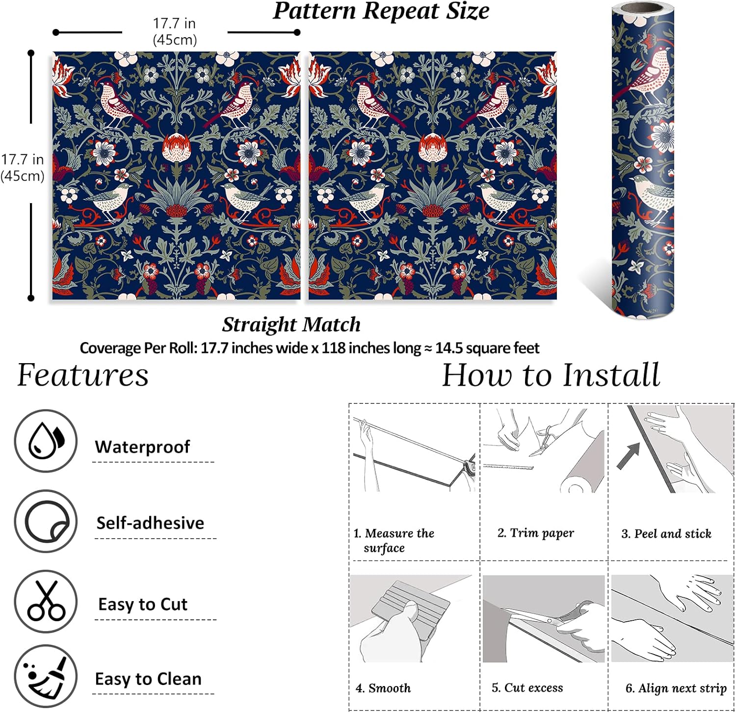 Vintage Birds Berries Floral Peel and Stick Wallpaper Navy Blue G62412