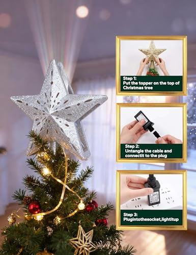 Christmas Tree Topper Lighted Star with 6 Projected Patterns, 3D Hollow Sparkling Star K7783