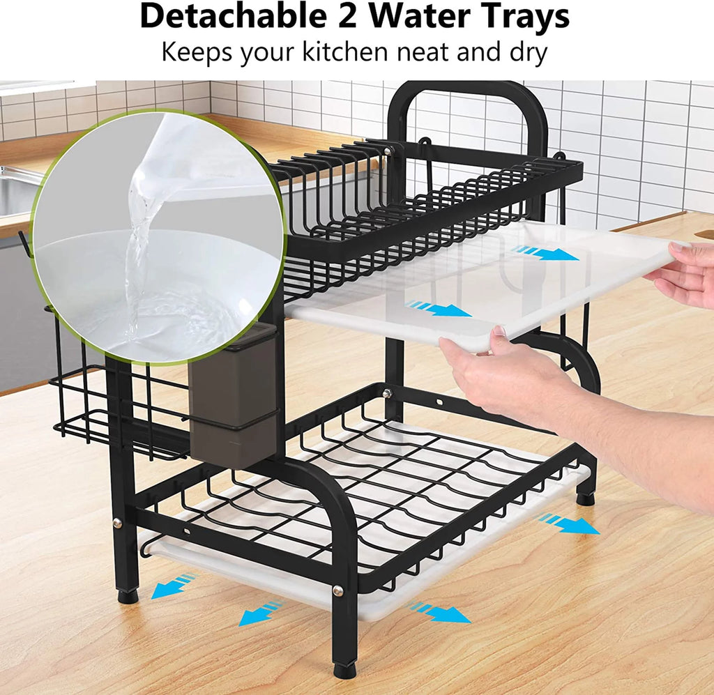 Over the Sink Dish Drying Rack - Adjustable 2-Tier Large Kitchen Organizer with Cutting Board Holder Y932