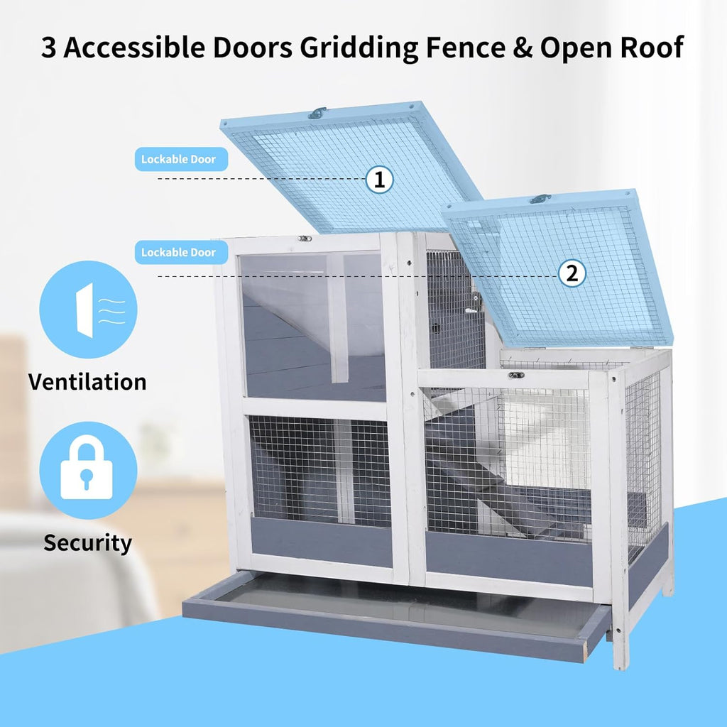 Wooden 2-Story Guinea Pig Cage with Openable Roof and Removable Tray H7665