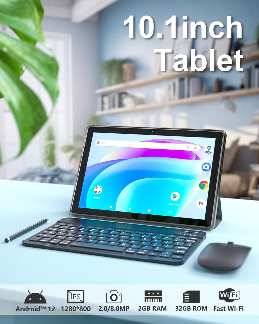 10.1 Inch Android Tablet with Keyboard, Mouse, Stylus, 2GB RAM 32GB ROM D144