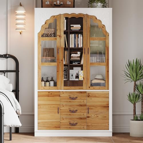 Large Armoire Wardrobe with 5 Wood Doors, 5 Closed Shelves, 1 Hanging Space, 1 Mirror, 2 Shoes Storage Space, 3 Drawers for Bedroom, White (45.7”W x 20.3”D x 75.7”H)