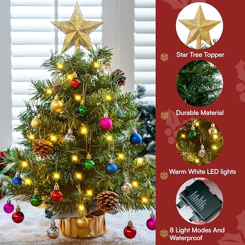 24" Mini Christmas Tree Tabletop Set with LED Lights and Star Treetop Z113832