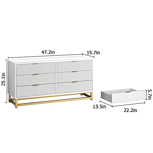 White 6 Drawer Dresser for Bedroom, Modern Wood Chest with Metal Legs G697