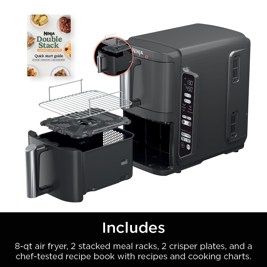 Air Fryer, 8 QT DoubleStack 2-Basket, Space Saving Design, 6-in-1, Roast & Bake, Dishwasher Safe Parts, Black N43591