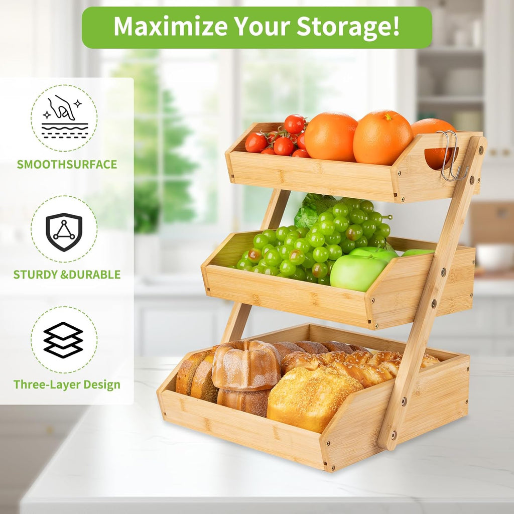 3 Tier Bamboo Fruit Basket with Banana Hook and Handle Z13414
