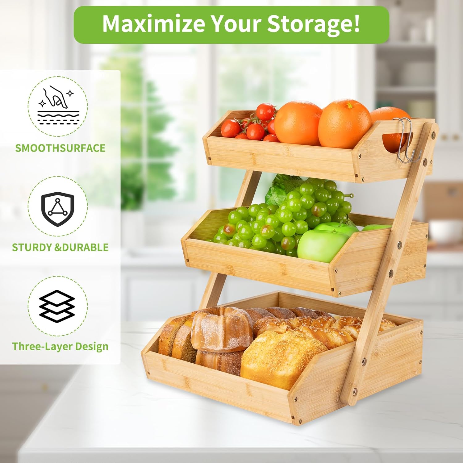 3 Tier Bamboo Fruit Basket with Banana Hook and Handle Z13414