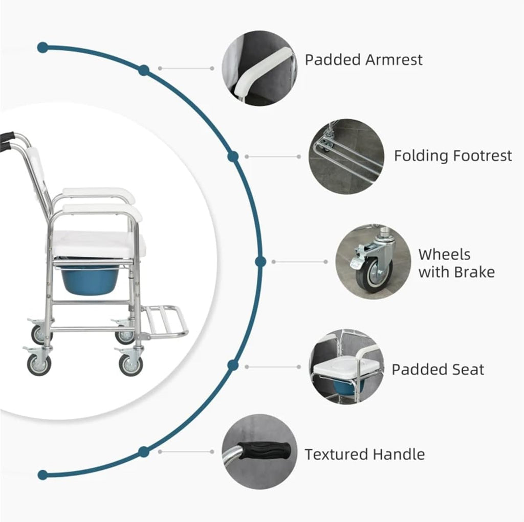 Shower Wheelchair with Commode, 4 Lockable Wheels, Adjustable I31146