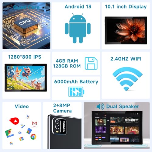 Android 13 Tablet 10 Inch 2-in-1 with Keyboard, 8GB RAM 128GB Storage, WiFi 6, HD Screen, Black P47047