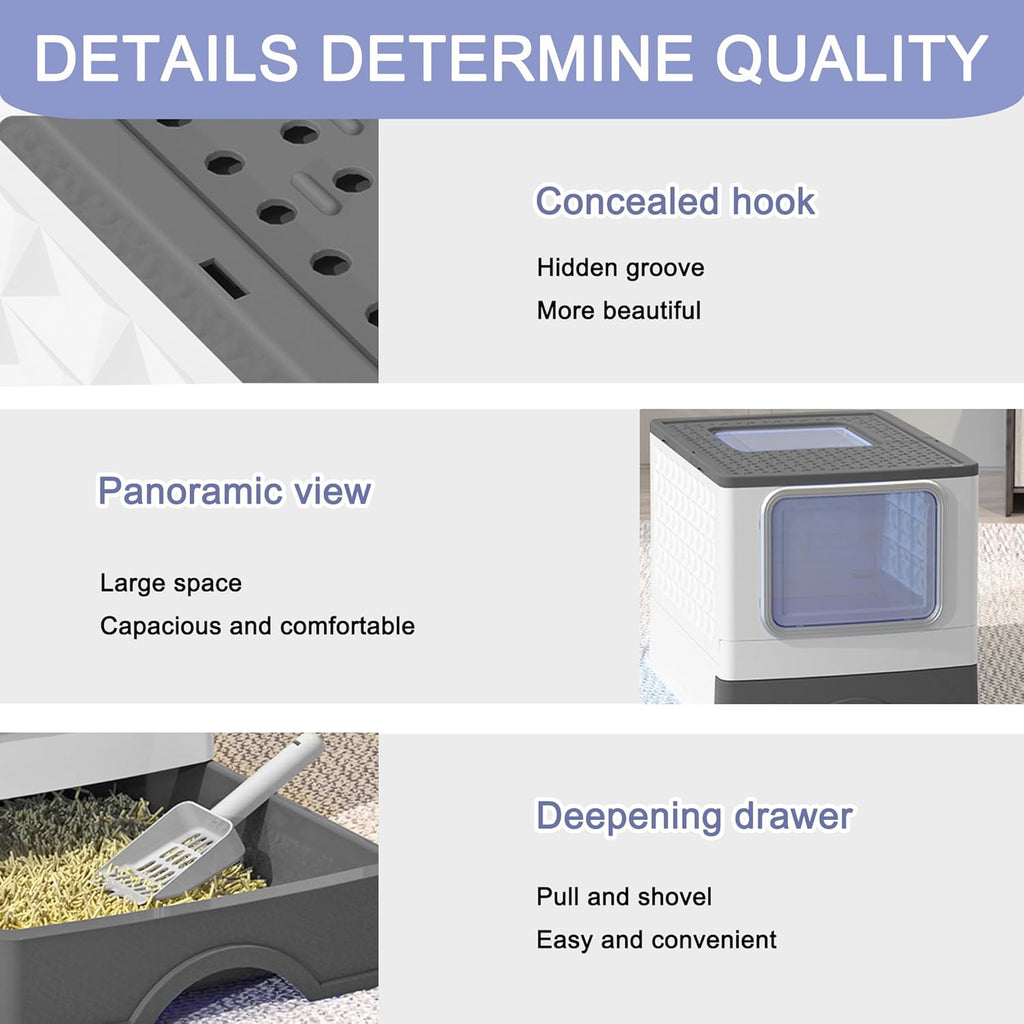 Foldable Enclosed Cat Litter Box with Scoop, Top Exit P47477