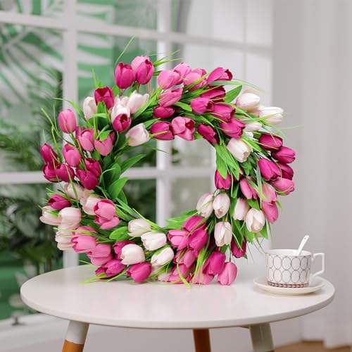 20 Inch Tulip Wreath with Green Leaves for Front Door Spring Summer Decor U733613