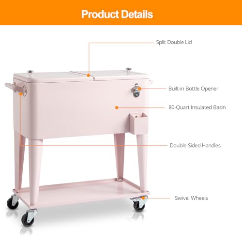 80 Quart Rolling Ice Chest on Wheels, Portable Drink Cooler Cart with Shelf G157